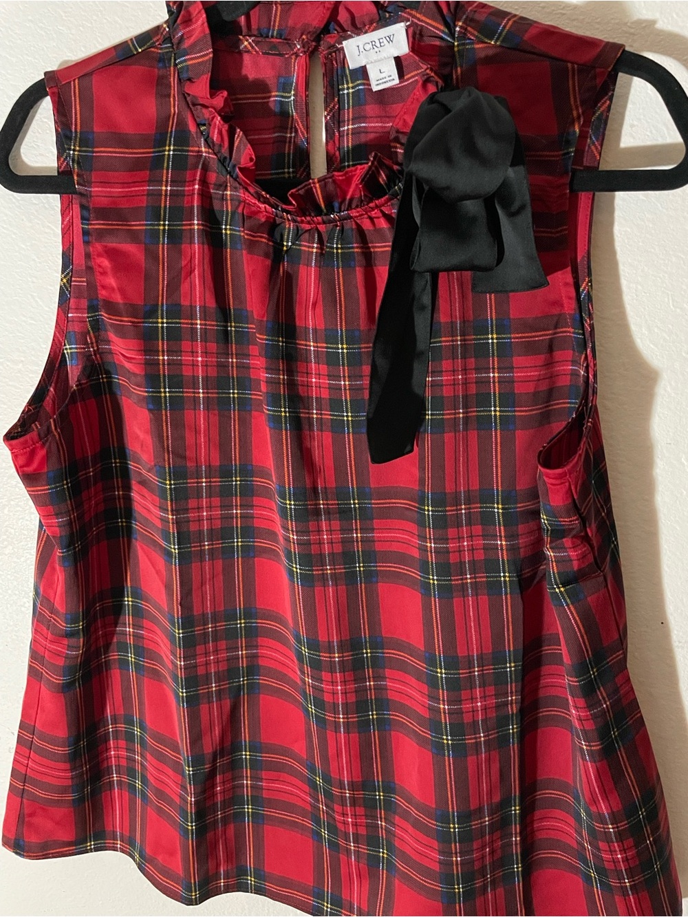 J. Crew Red Tartan Sleeveless Blouse with Black Bow
